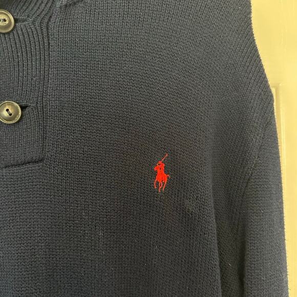 Polo Ralph Lauren Button Up Collar Knit Sweater Size L Navy Blue 100% Cotton - Picture 3 of 7